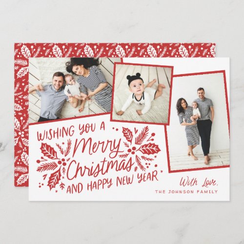 Red Vintage Holly Tilted Snapshot Multi_Photo Holiday Card
