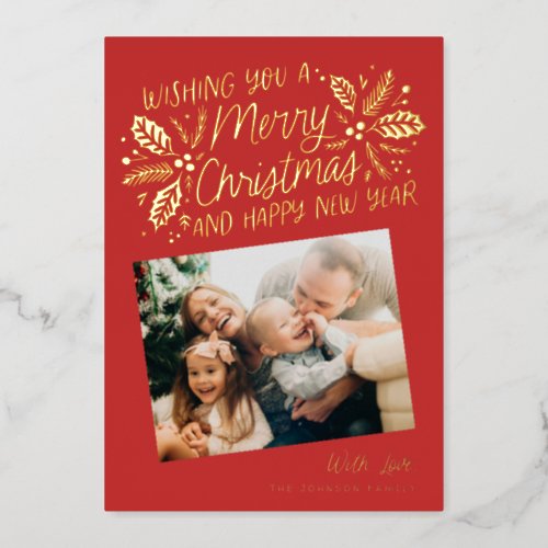 Red Vintage Holly Tilted Snapshot Photo Christmas Foil Holiday Card