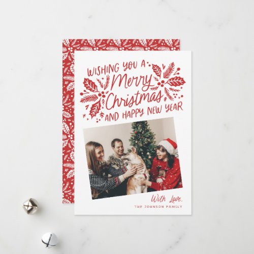 Red Vintage Holly Tilted Snapshot Photo Christmas Holiday Card