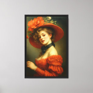 Red Vintage Lady with Floral Hat Canvas Wall Art