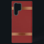Red Vintage Leather Texture Gold Stripes Samsung Galaxy S22 Ultra Case<br><div class="desc">Image of a vintage red leather texture background accented with gold stripes. Optional Monogram.</div>