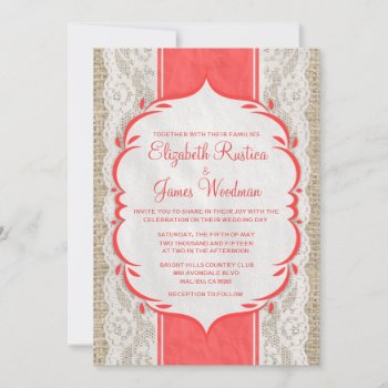 Red Vintage Linen Burlap Lace Wedding Invitations by topinvitations at Zazzle