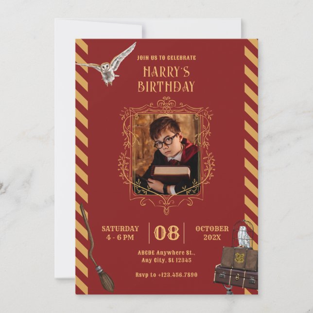 Red vintage magic photo birthday invitation (Front)