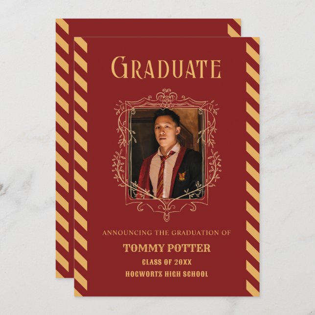 Red vintage magic photo graduation  invitation (Front/Back)