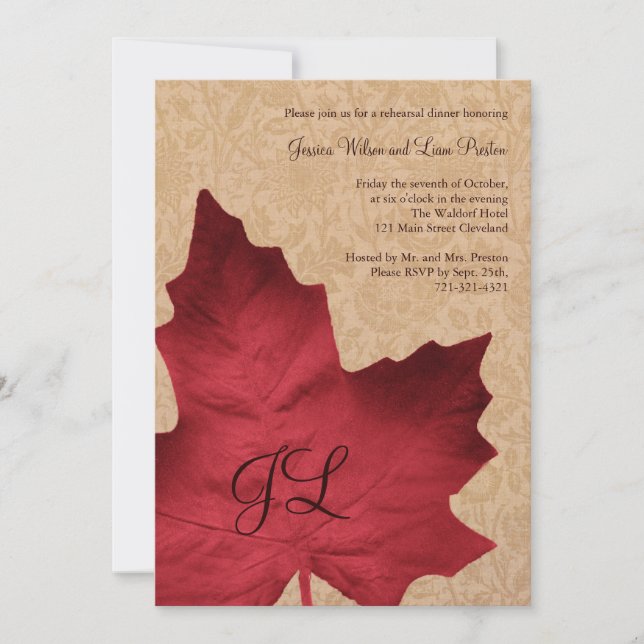 Red Vintage Monogrammed Rehearsal Dinner Invite (Front)