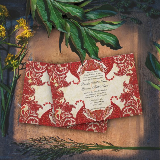 Red Vintage Paisley Damask Wedding Invitation (Creator Uploaded)