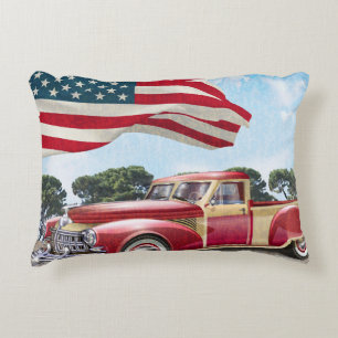 Red vintage pick up truck with American flag. Accent Pillow
