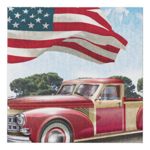 Red vintage pick up truck with American flag. Faux Canvas Print