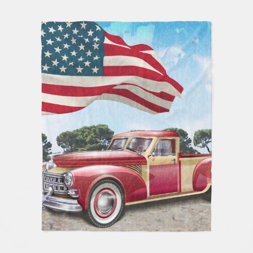 Red vintage pick up truck with American flag Fleece Blanket