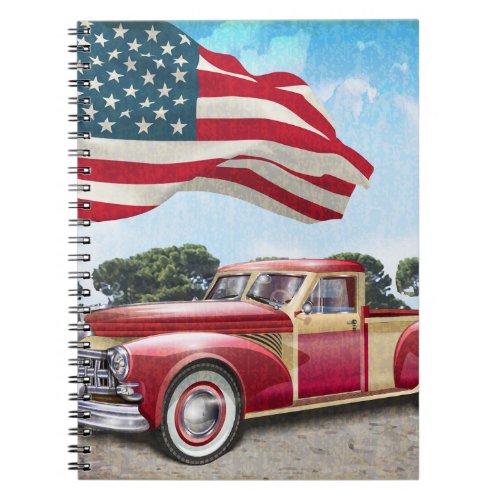 Red vintage pick up truck with American flag Notebook