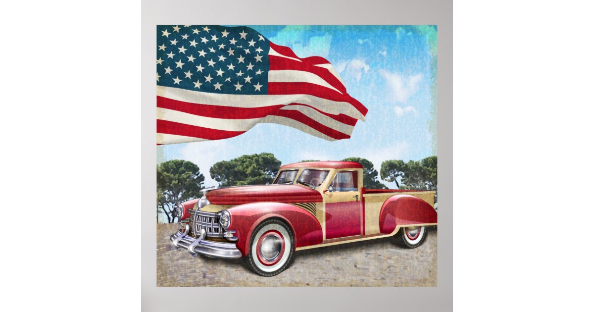 Red vintage pick up truck with American flag. Poster | Zazzle.com