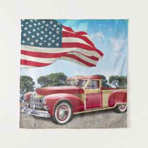 Red vintage pick up truck with American flag. Tapestry