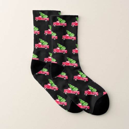 Red Vintage Pickup truck Christmas Tree watercolor Socks