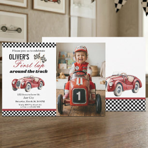 Red Vintage Race Car 1st Birthday Boy Photo Invitation