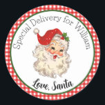 Red Vintage Retro Santa Special Delivery Gift Tag<br><div class="desc">This fun and festive sticker features a watercolor red plaid background with a vintage Santa wearing a red hat. Personalize with the gift recipient's name.</div>