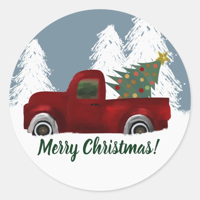 Red vintage Retro Truck and  Christmas Tree Classic Round Sticker (Front)