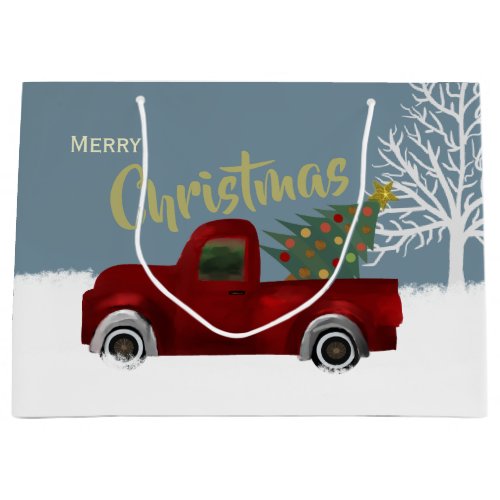 Red vintage Retro Truck and  Christmas Tree Large Gift Bag
