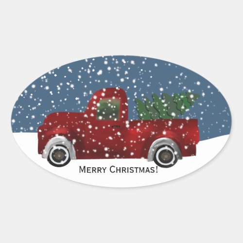 Red vintage Retro Truck and  Christmas Tree Oval Sticker