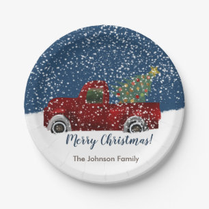 Red vintage Retro Truck and Christmas Tree Paper Plates