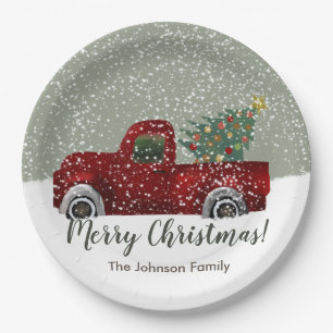 Red vintage Retro Truck and  Christmas Tree Paper Plates