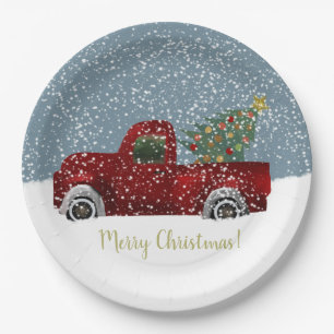 Red vintage Retro Truck and  Christmas Tree Paper Plates