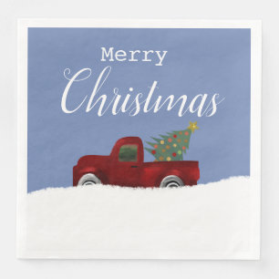 Red vintage retro truck with christmas tree paper dinner napkins