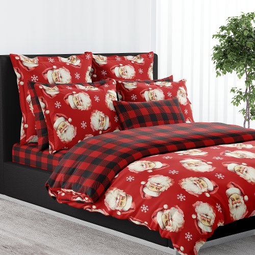 Red Vintage Santa Claus Buffalo Plaid Christmas Duvet Cover