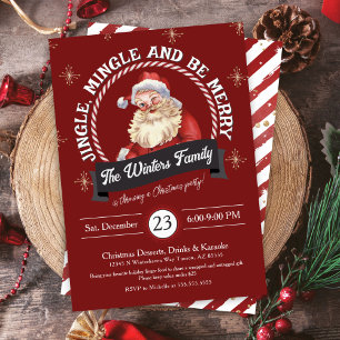Red Vintage Santa Claus Candy Cane Christmas Party Invitation