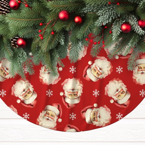 Red Vintage Santa Claus Face Watercolor Brushed Polyester Tree Skirt