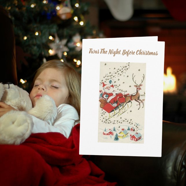 Red Vintage Santa Claus Flying Reindeer Stars Card (Creator Uploaded)