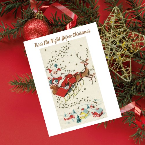 Red Vintage Santa Claus Flying Reindeer Stars Postcard