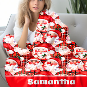 Red Vintage Santa Claus Tartan Plaid Christmas  Fleece Blanket