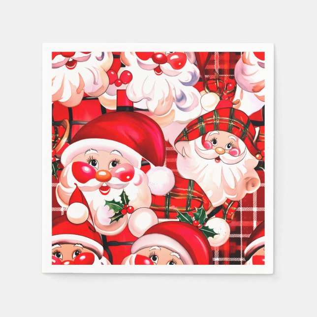 Red Vintage Santa Claus Tartan Plaid Christmas Napkins (Front)