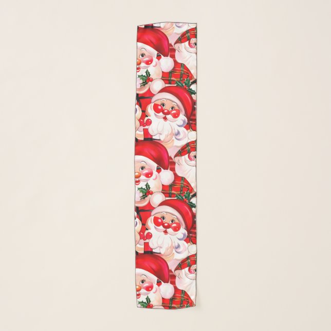 Red Vintage Santa Claus Tartan Plaid Christmas Scarf (Front)