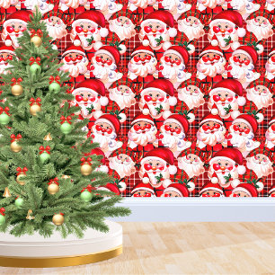 Red Vintage Santa Claus Tartan Plaid Christmas Wallpaper