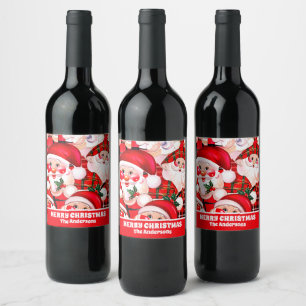 Red Vintage Santa Claus Tartan Plaid Christmas Wine Label