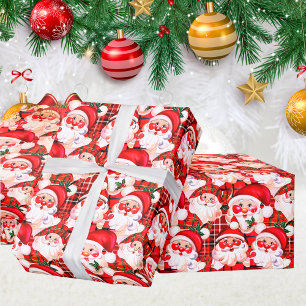 Red Vintage Santa Claus Tartan Plaid Christmas Wrapping Paper