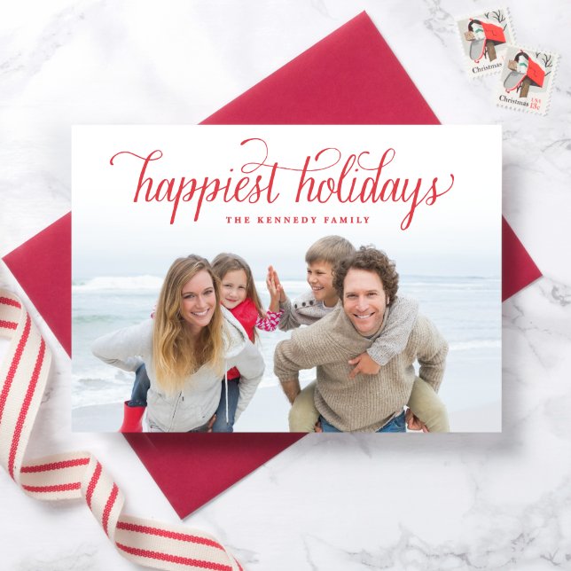 Red Vintage Script Happiest Holidays Card (Creator Uploaded)