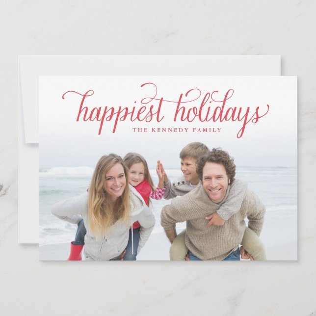 Red Vintage Script Happiest Holidays Card (Front)
