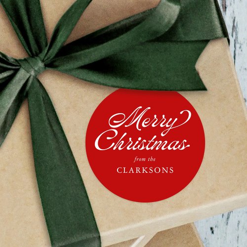 Red Vintage Script Modern Merry Christmas Classic Round Sticker