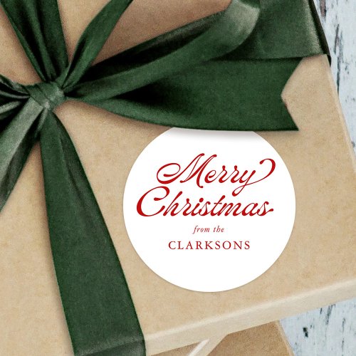 Red Vintage Script Modern Merry Christmas Classic Round Sticker