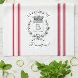 Red Vintage Style French Sack with Custom Name Kitchen Towel<br><div class="desc">Vintage French etched graphics and crimson red ticking tape stripes are the perfect addition to your French country kitchen decor on this waffle knit custom towel. Don't forget the finishing touch of personalization with your monogram and family name.</div>