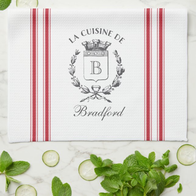 Red Vintage Style French Sack with Custom Name Kitchen Towel (Folded)
