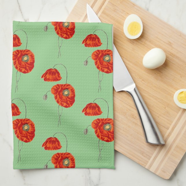 Red Vintage Style Poppies Flower Kitchen Towel (Quarter Fold)