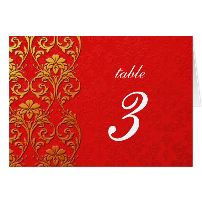 Red Vintage Swirl Damask Wedding Table Number (Front Horizontal)