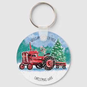 Red Vintage Tractor Christmas Tree Add Name Keychain