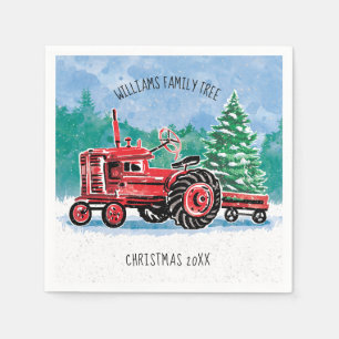 Red Vintage Tractor Christmas Tree Add Name Napkins