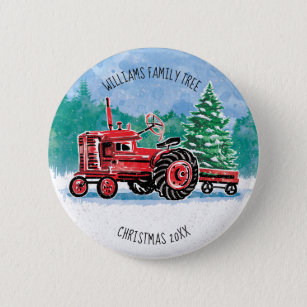 Red Vintage Tractor Christmas Tree Add Name Pinback Button