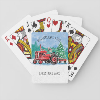 Red Vintage Tractor Christmas Tree Add Name Playing Cards