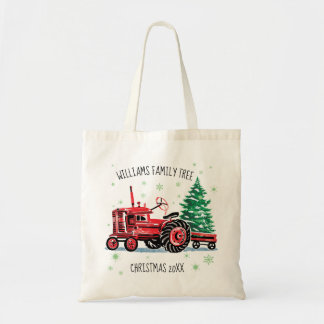 Red Vintage Tractor Christmas Tree Add Name Tote Bag
